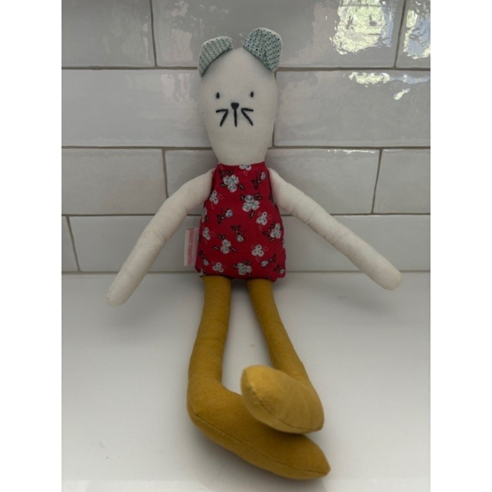 Sweet Tangerine Plush Cat Doll Red Floral Dress Mustard Legs Stuffed Toy